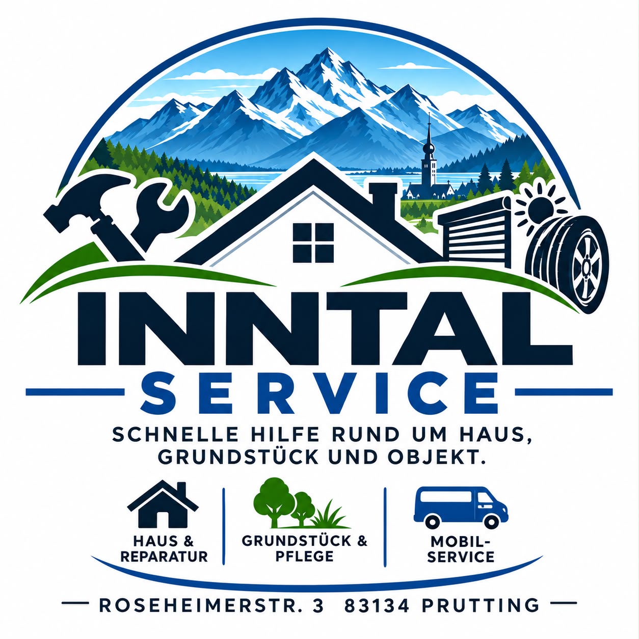 Original-Logo Inntal-Service mit Alpenpanorama, Haus, Werkzeug und Mobilservice