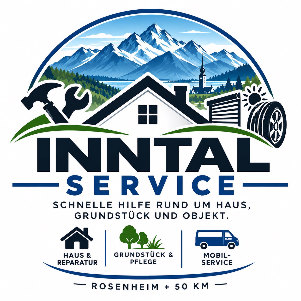 Original-Logo Inntal-Service mit Alpenpanorama, Haus, Werkzeug und Mobilservice